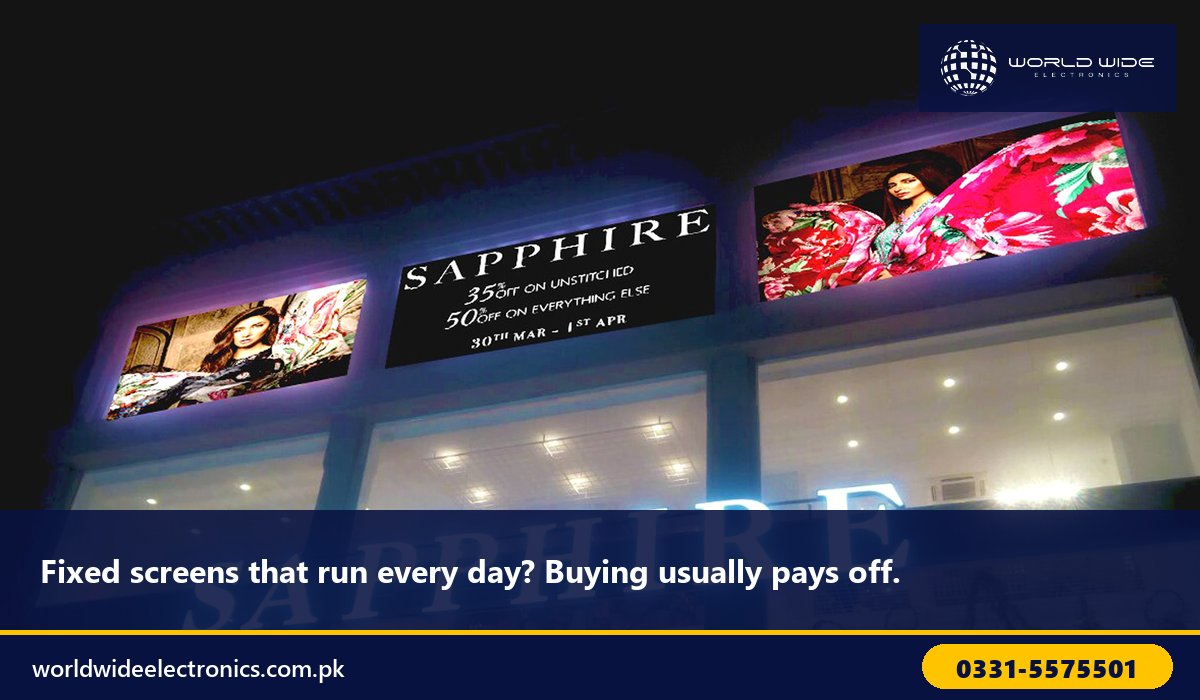 Permanently installed outdoor SMD screens on a retail store facade